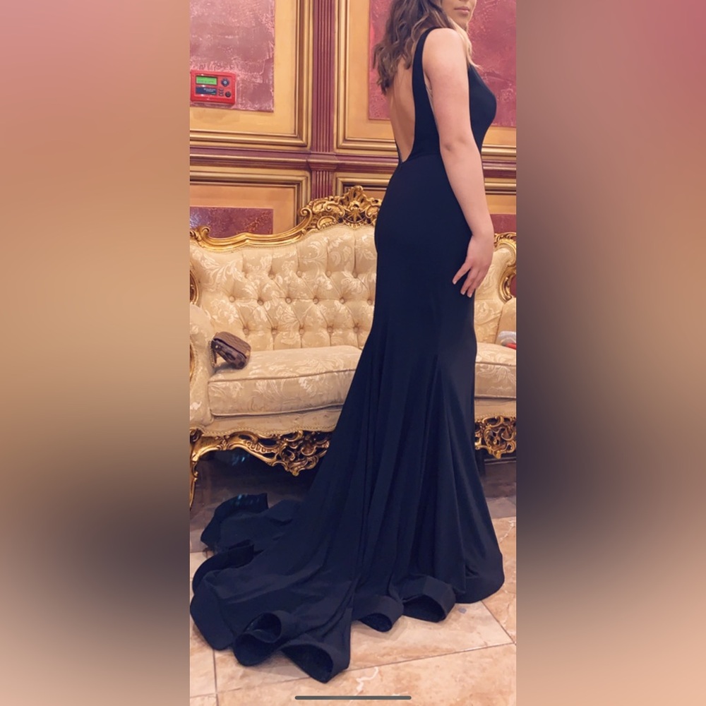 Designer jovani Black long dress with train open back see through mesh sides
